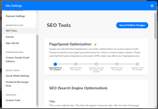 Sreenshot of Website.com's SEO tools